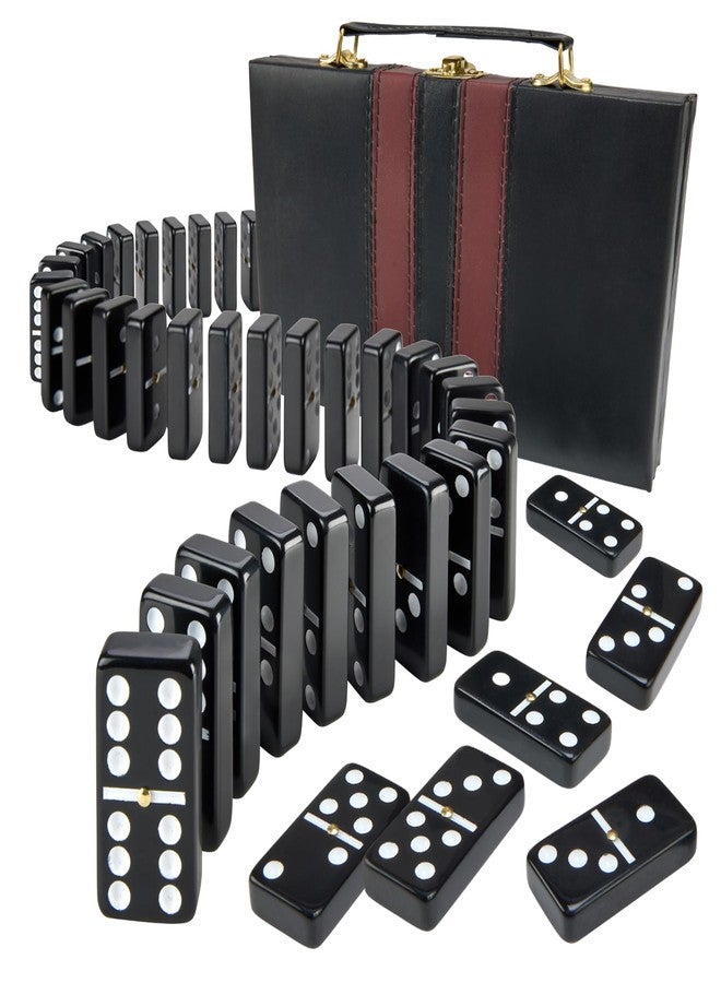 Playbees Jumbo Double Six Dominoes Set - 28 Black Classic Tiles in Faux Leather Case - Fun Educational Toy for Kids, Boys, Girls, Classroom Kit, Classic Game Night Party Favors Set, Travel-Friendly - Image 1
